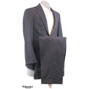 Hart Schaffner Marx 2 Piece Suit  Black Striped Wool 40R Pleated Fronts 35" W